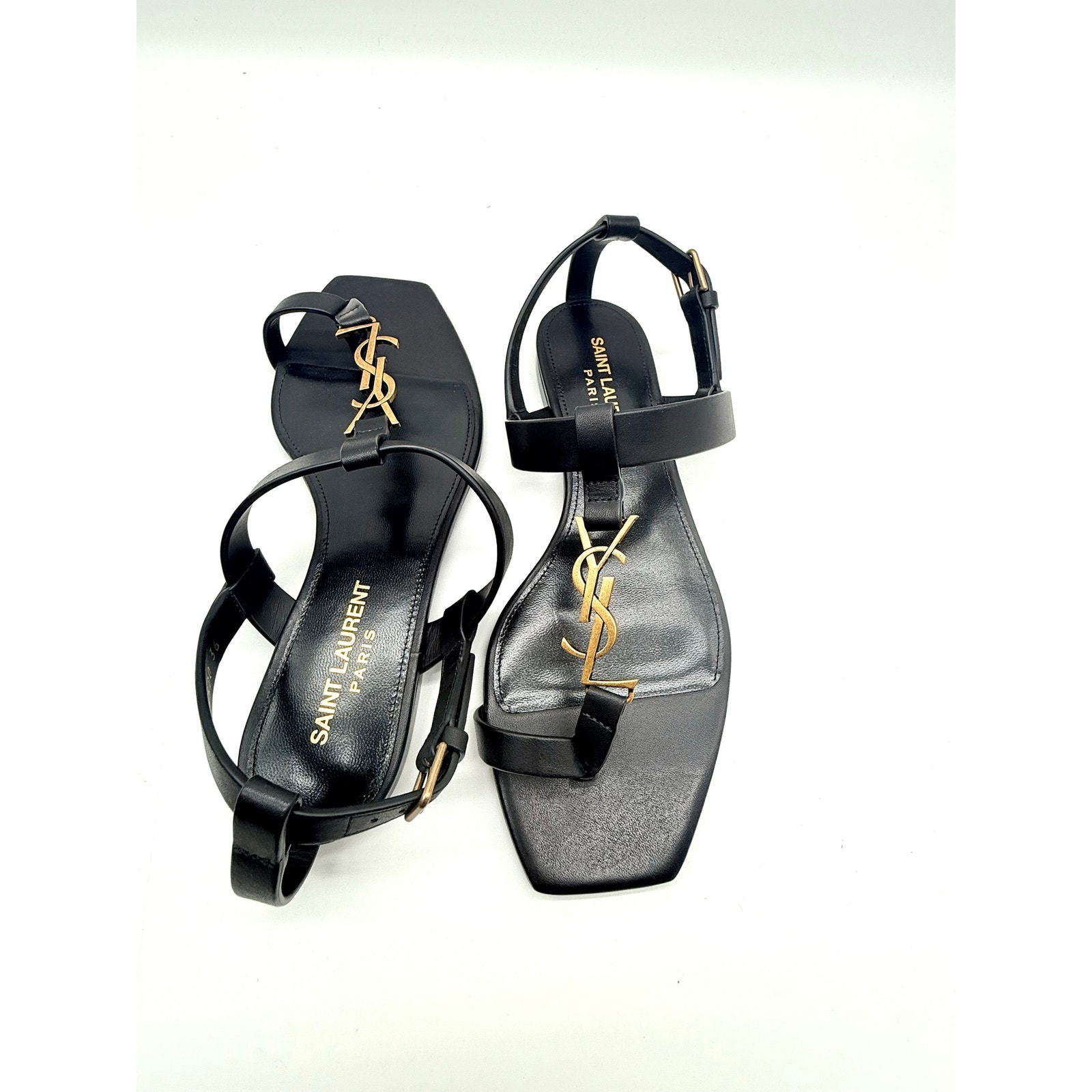 Saint Laurent Cassandra Black Leather Flat Sandal Sz: 36